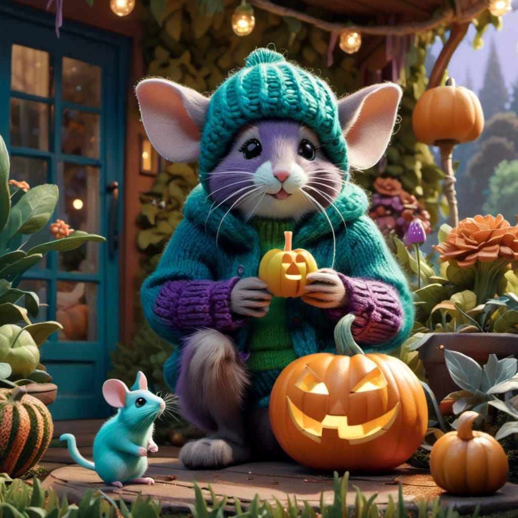 Teal Monster with Mouse and Lollipop