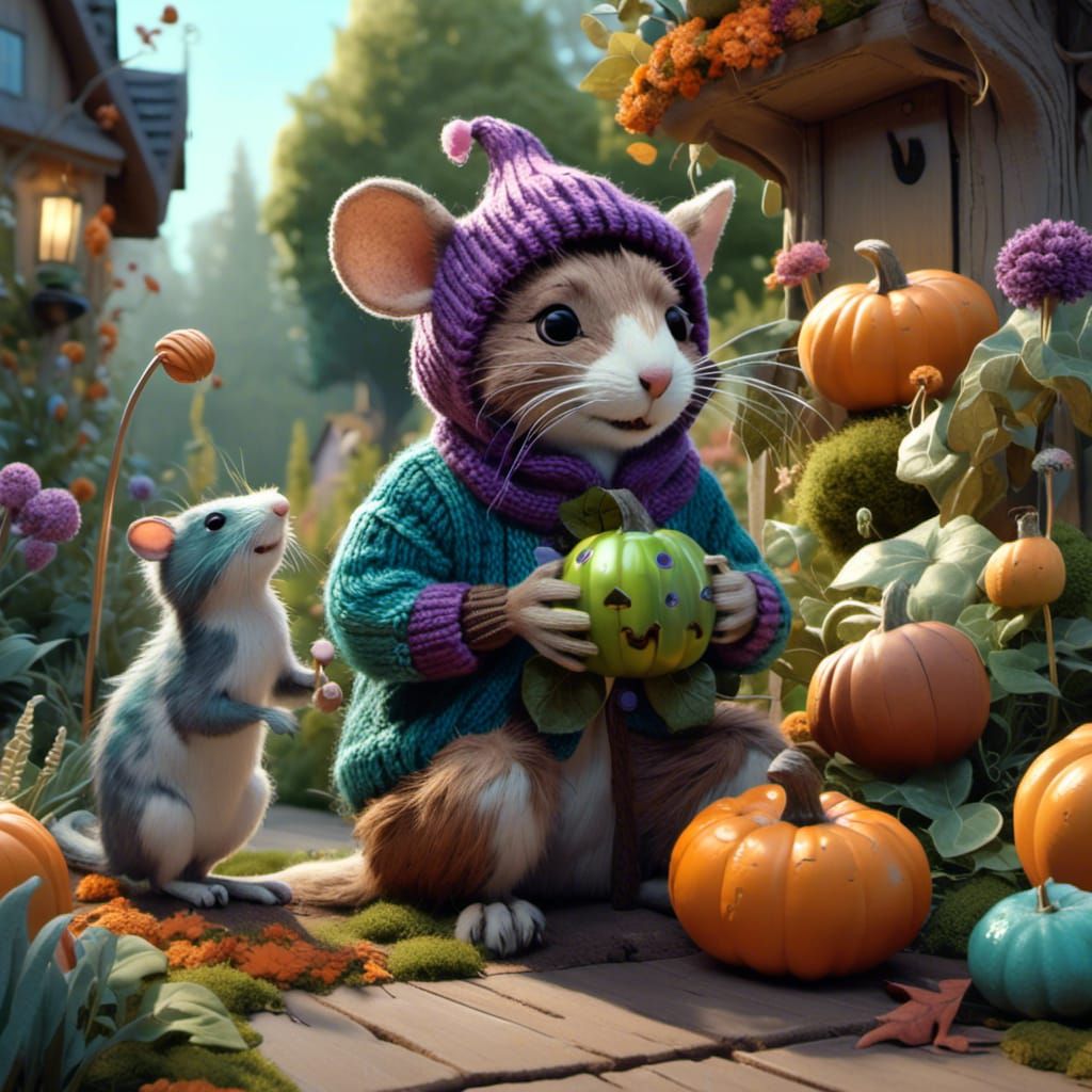 Cute Monster and Mouse Enjoying Pumpkin Lollipop