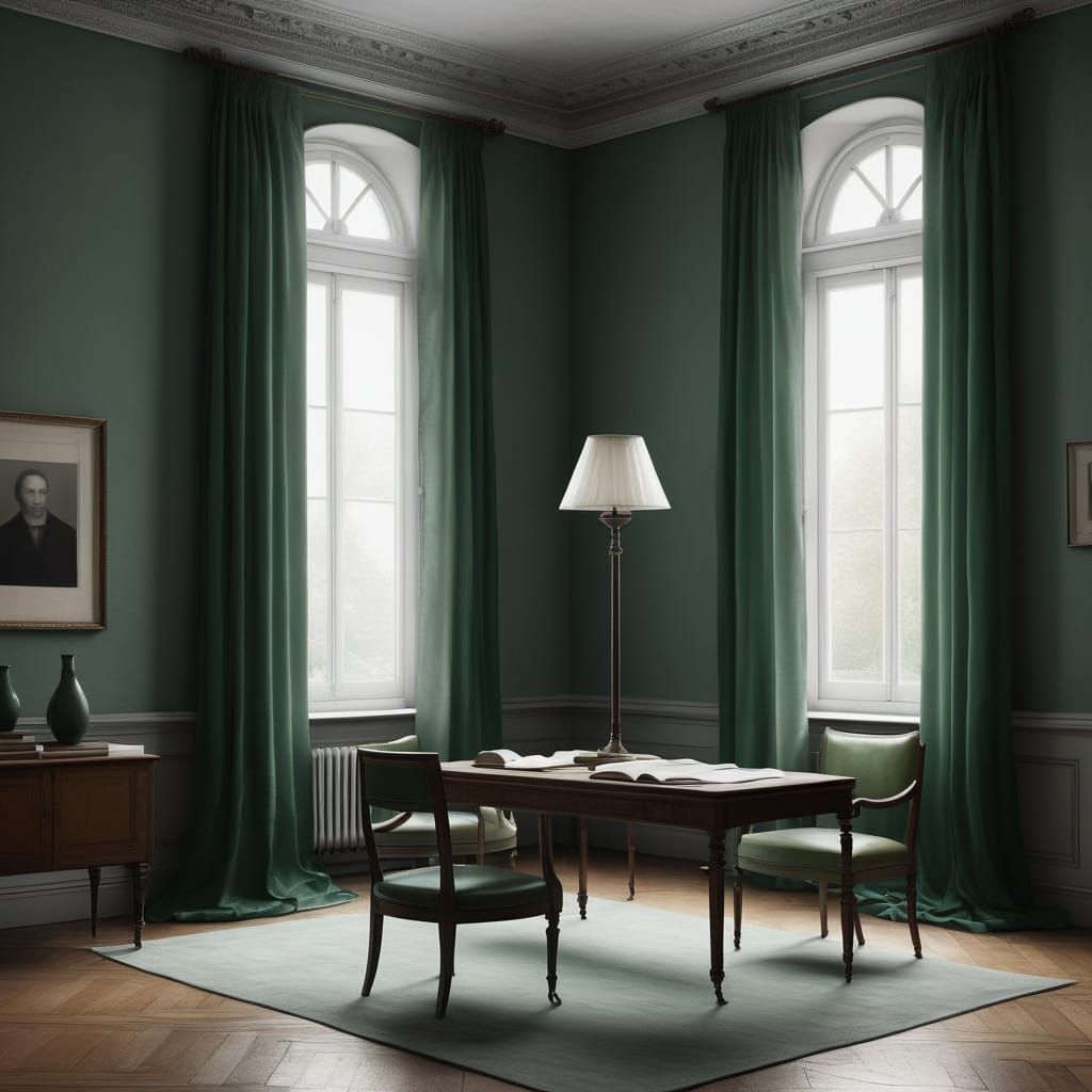 Vilhelm Hammershøi
Muted emerald library room - minimalistic...