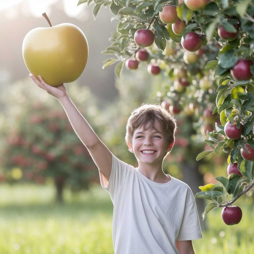Victorious Youth Bestows Golden Apple in Sunlit Orchard
