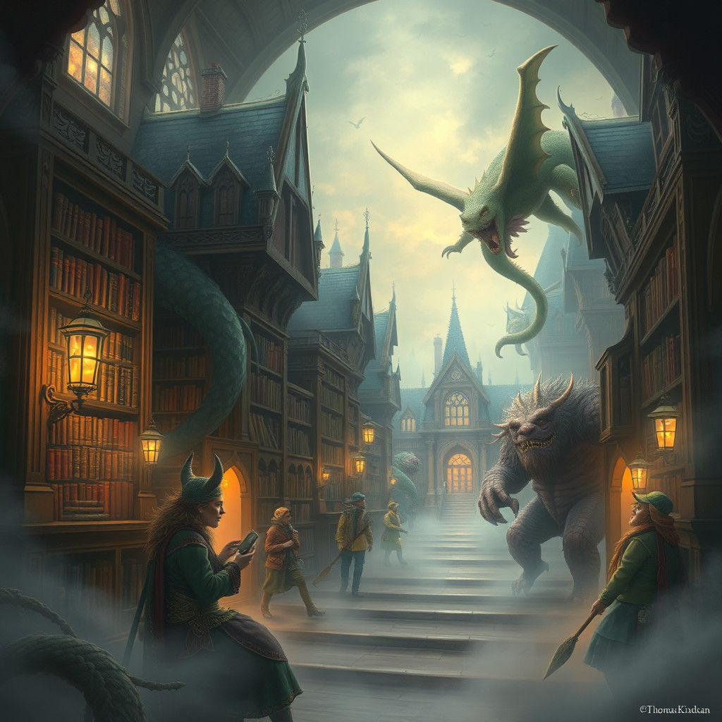 Ethereal Fantasy Library with Monsters