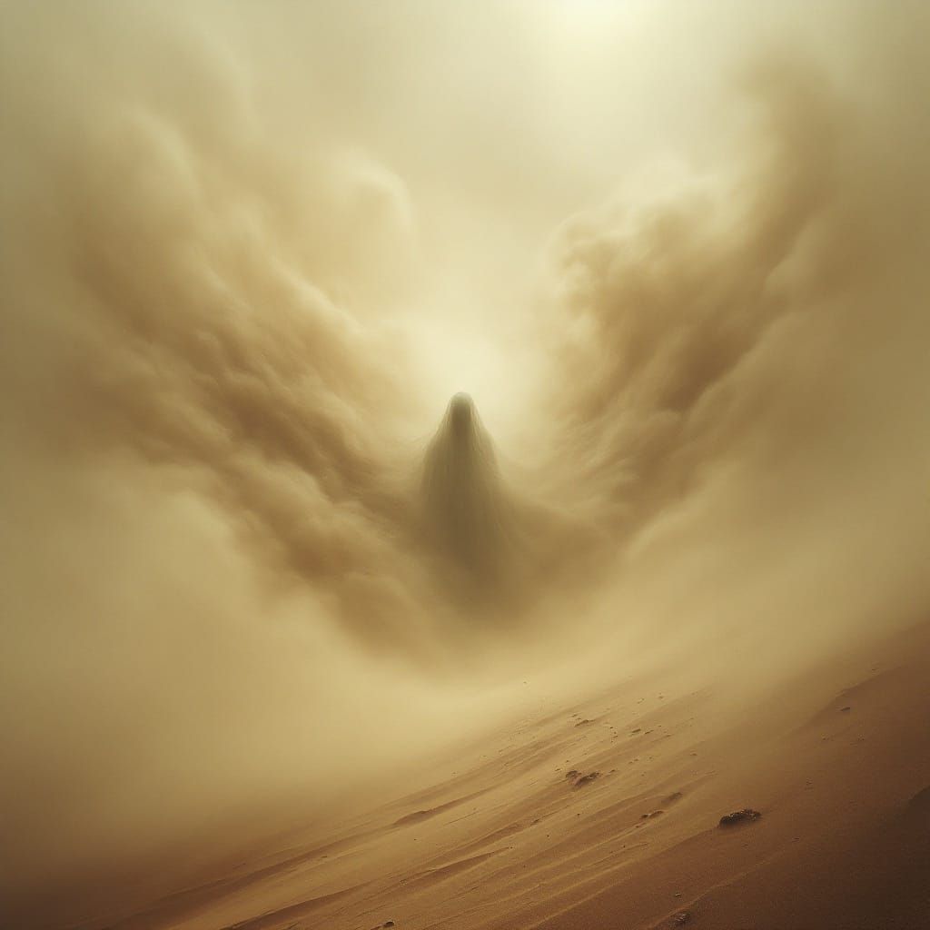 Ghostly Figure Emerges from Desert Sandstorm in Ethereal Aur...