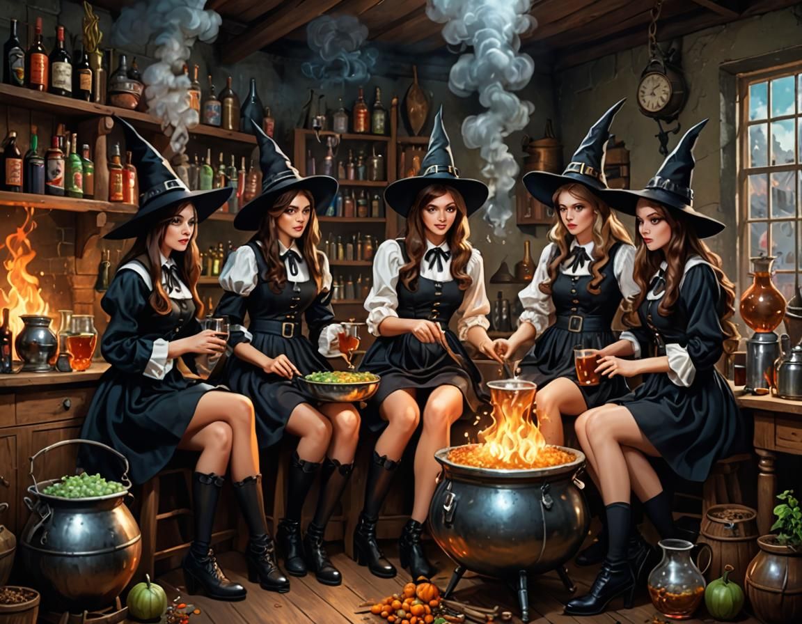 Ultra-Realistic Witches Brewing Potions in Classroom