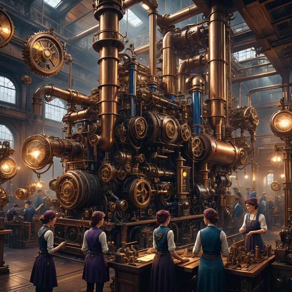 Steampunk Factory with Female Operators: Fantasy Concept Art