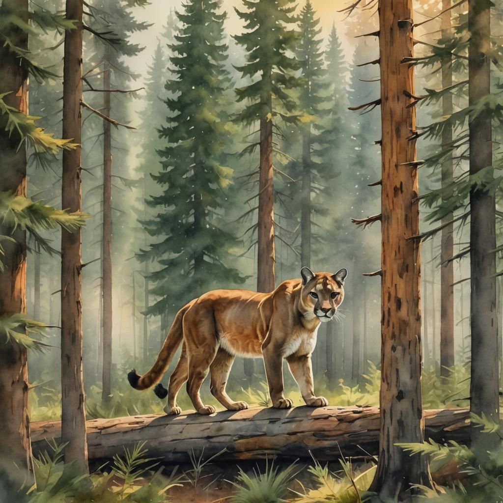 Cougar in Pine Forest: Watercolor Wildlife Art