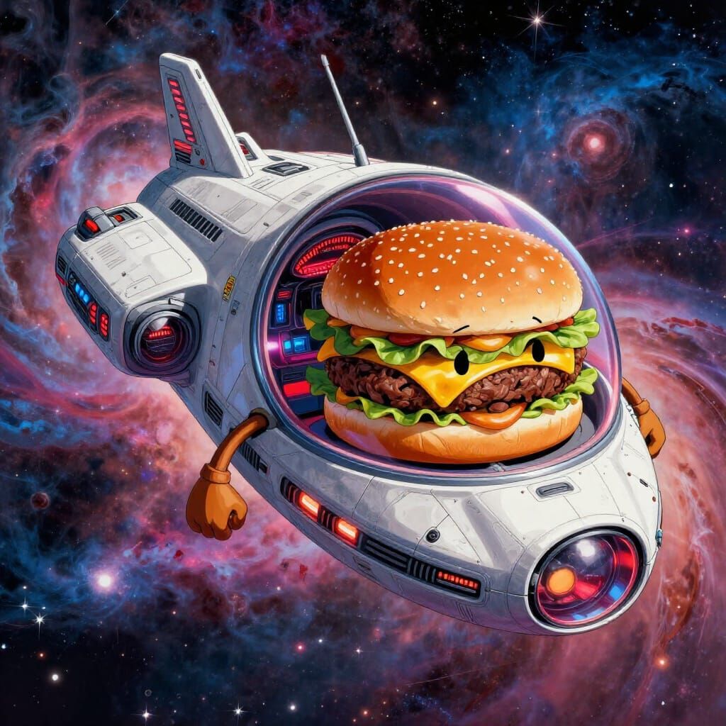 Anthropomorphic Cheeseburger Pilots Spaceship Through Nebula