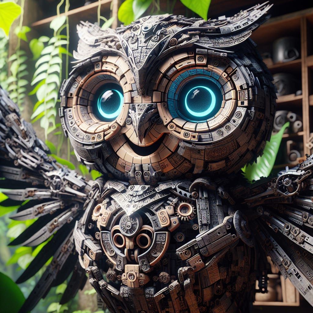 Anime-Styled Mechanical Owl in Lush Workshop