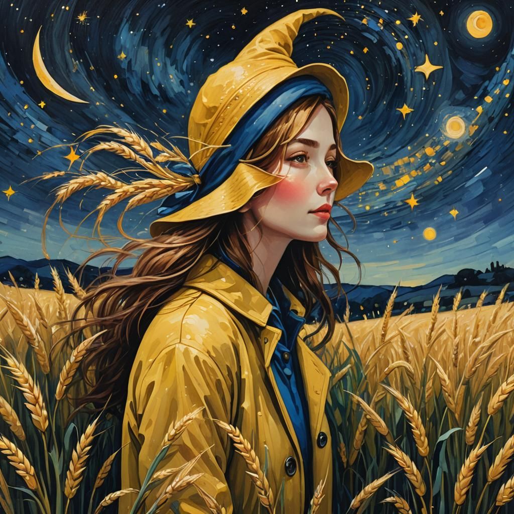 Naïve Art: Person in Wheat Field Under Stars