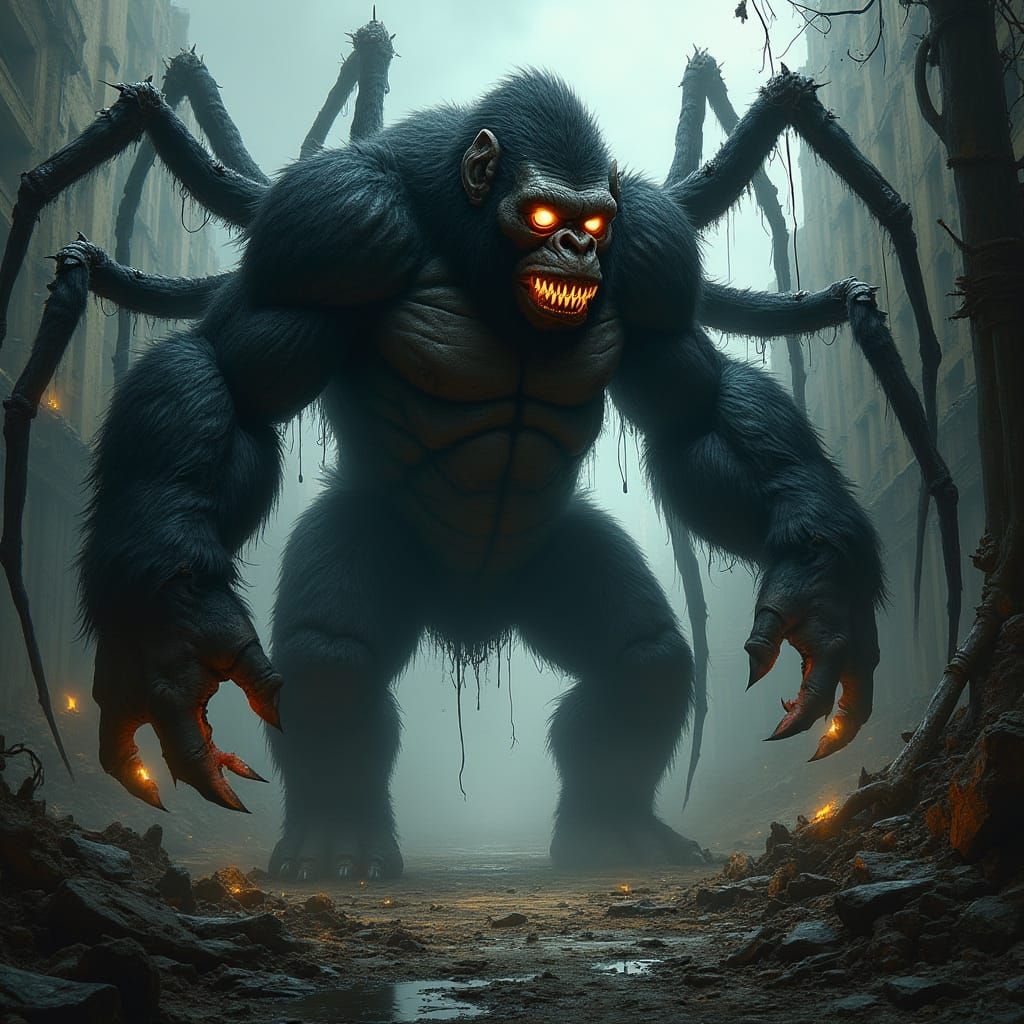 Gorilla-Spider Hybrid Terrorizes Dark Urban Landscape
