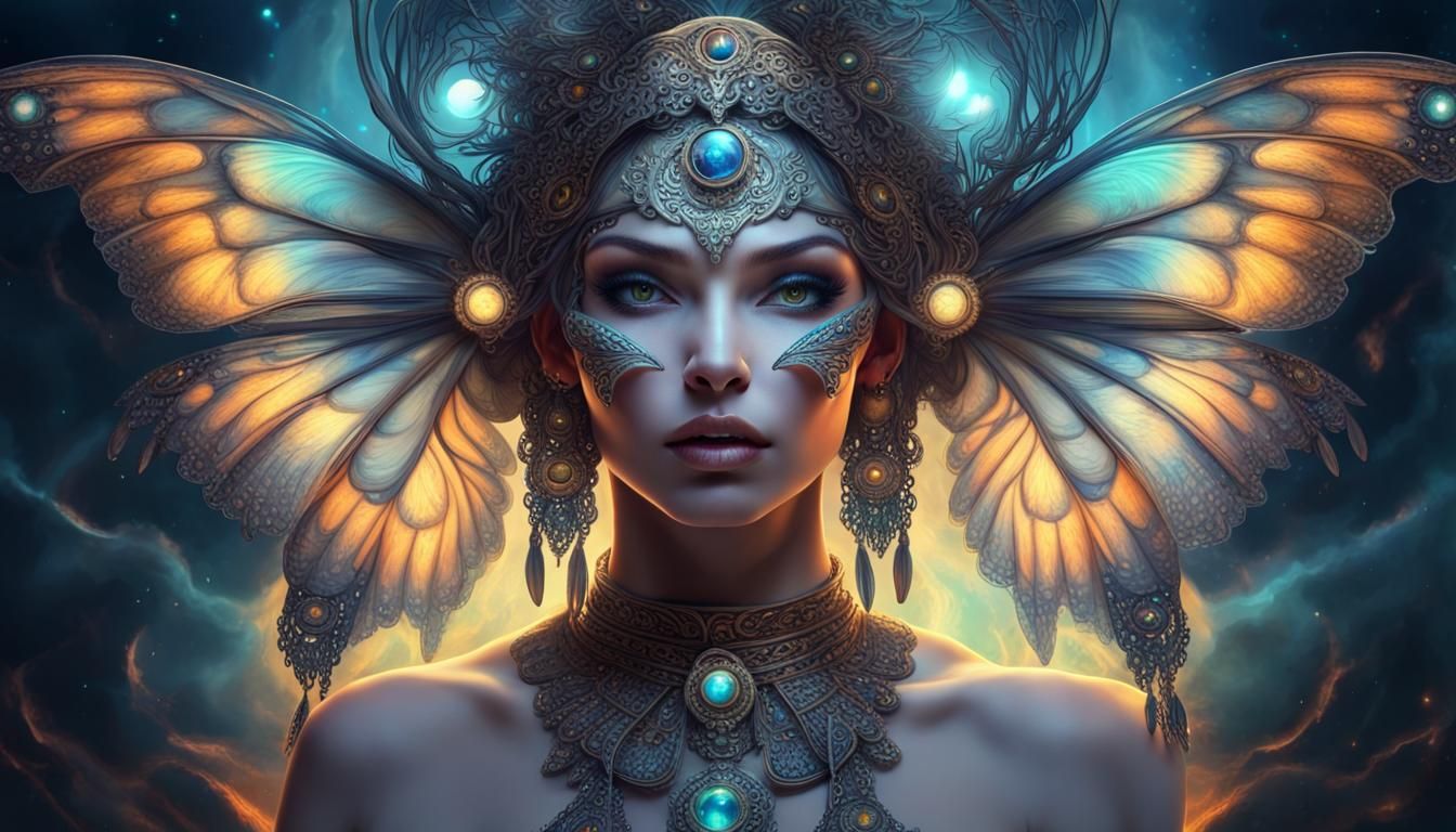 Butterfly-Winged Shaman-Angel Flying Under Moonlight