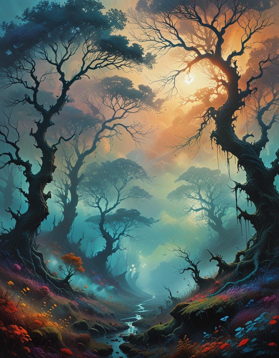 Surreal Misty Forest Digital Painting with Vibrant Colors