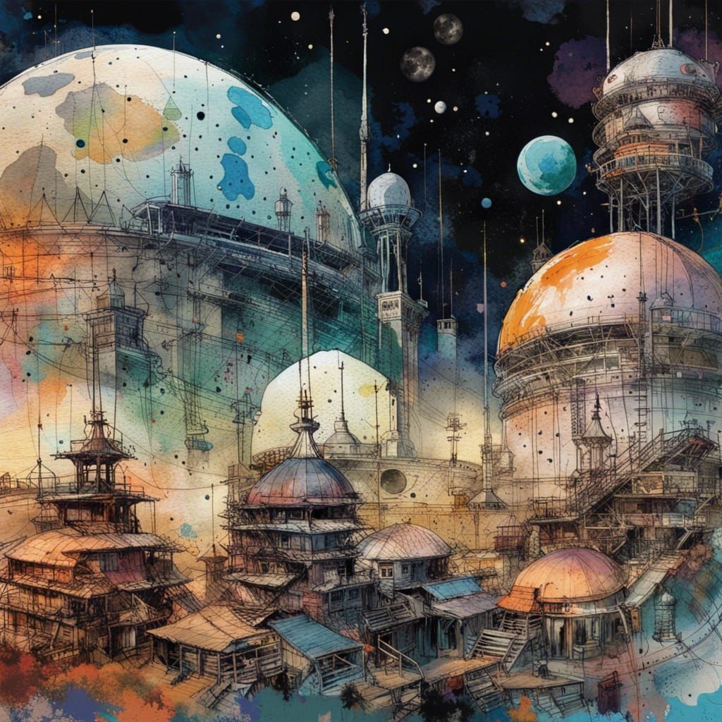Lunar Dome City: Detailed Watercolour Painting