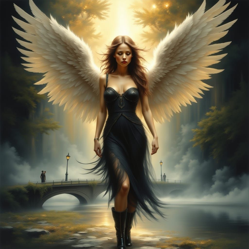 Ethereal Fantasy: Woman with Angels on Fairytale Road