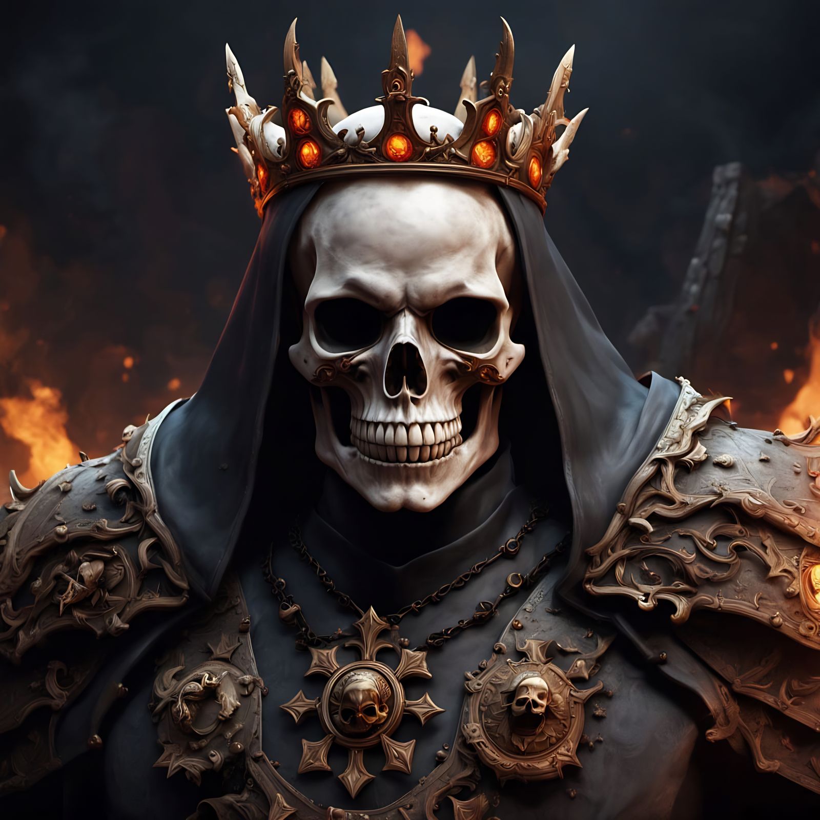 Regal Devil in Fiery Attire, Surrounded by Loyal Servants