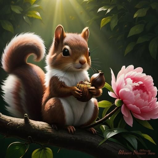 Squirrel with Acorn on Peony in Oil Painting Style