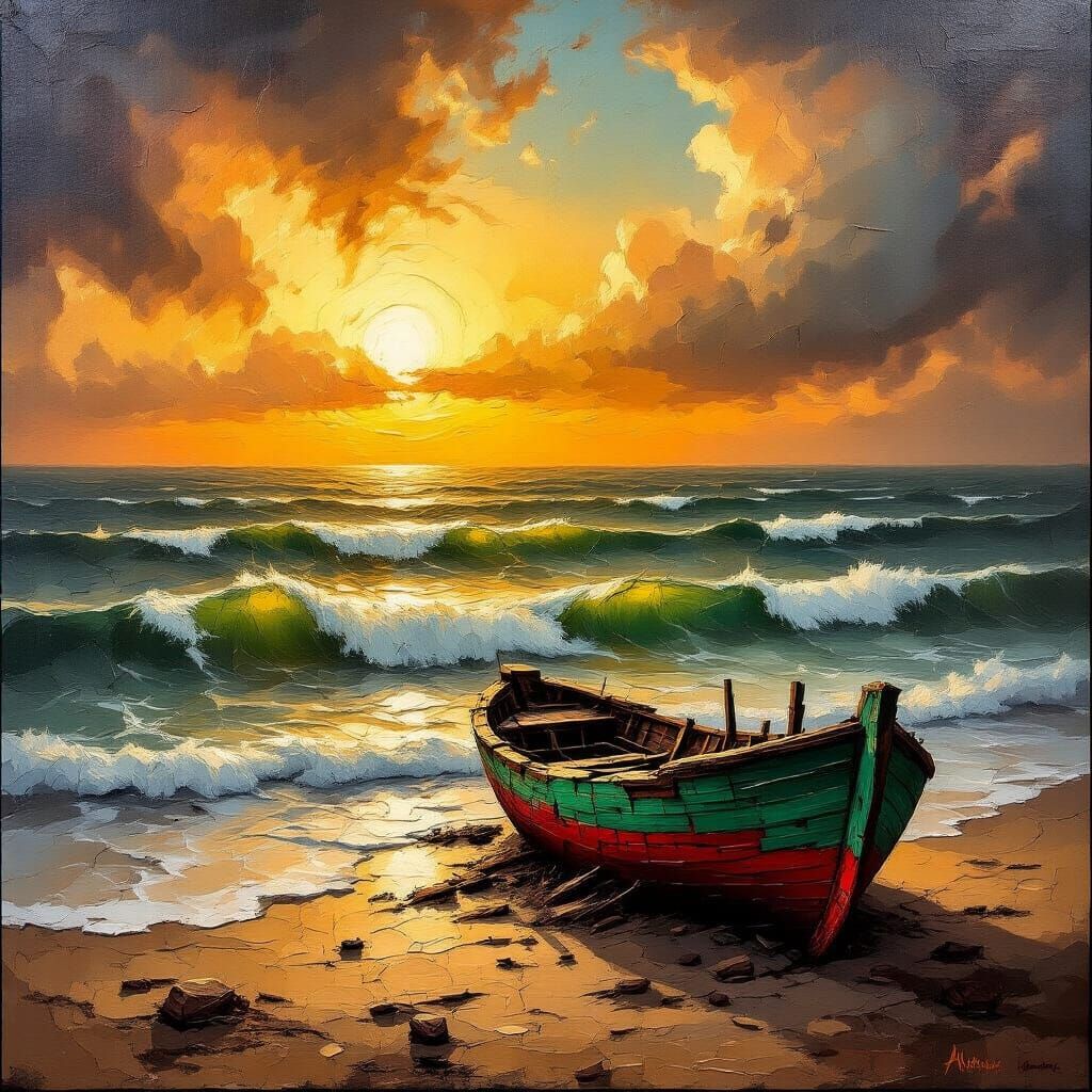 An oil painting on canvas, richly textured brushstrokes with visible layers of paint, depicting a dramatic seascape at s...