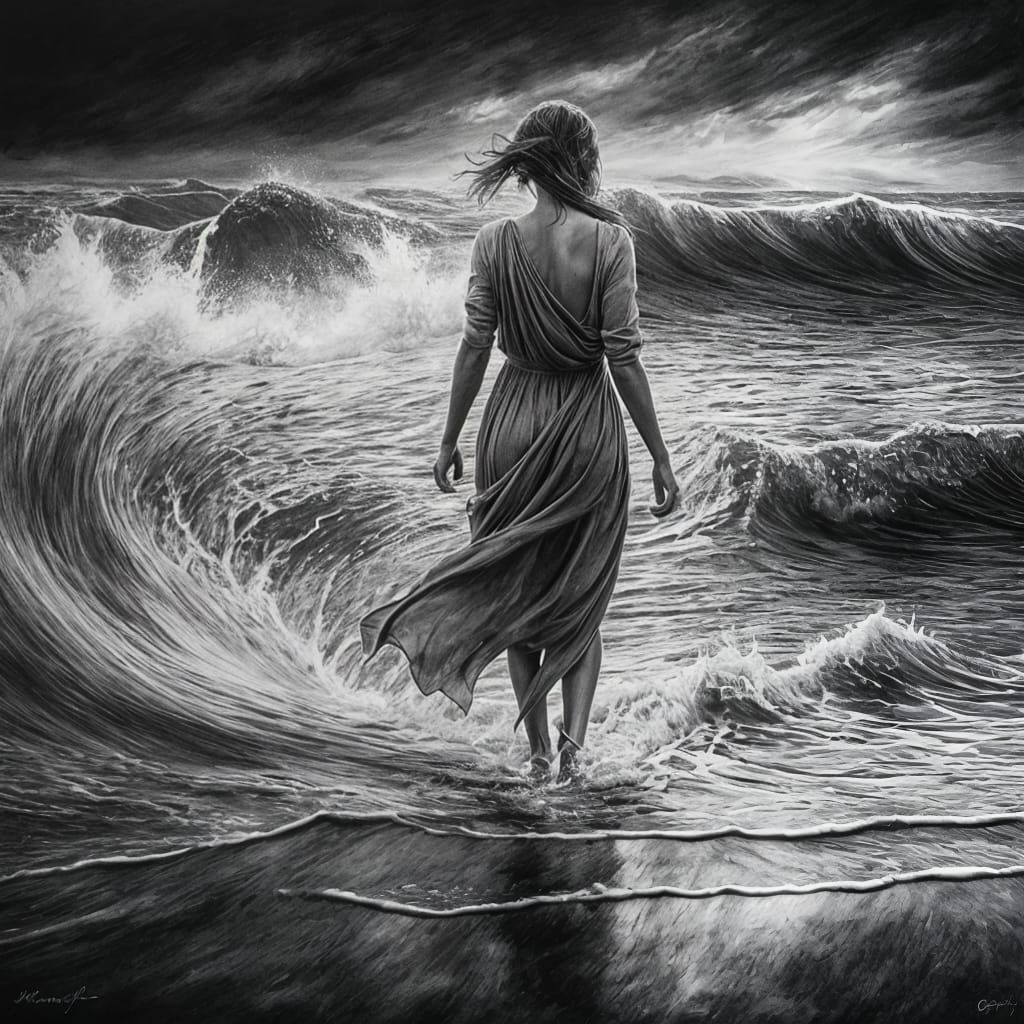 Hyperdetailed Charcoal Drawing: Woman Enters Ocean