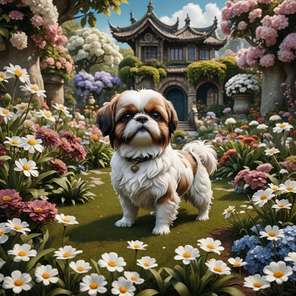 Chihuahua and Shih Tzu Playing in Flower Garden