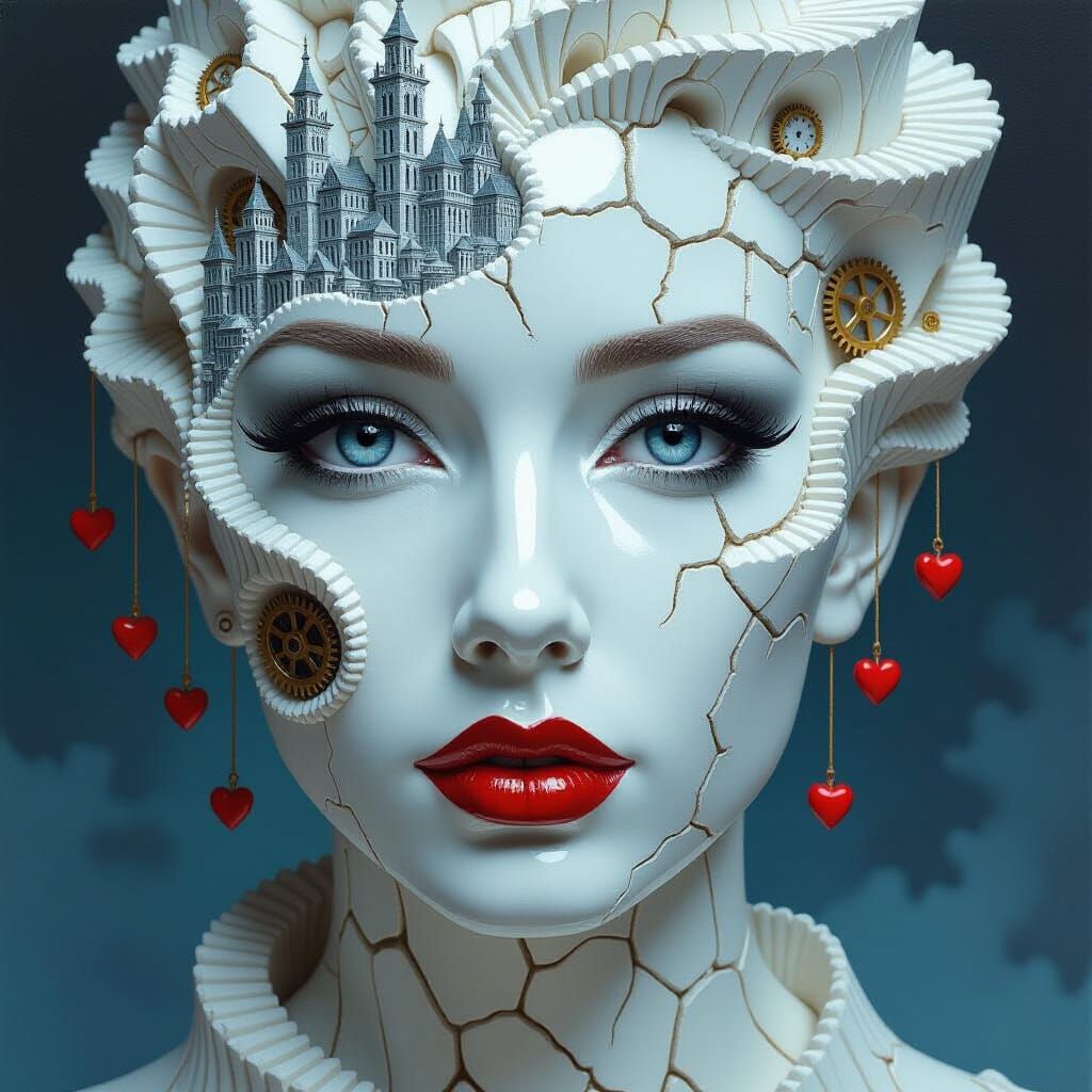 Porcelain Woman's Face with Cityscape, as Hyper-Realistic Pa...
