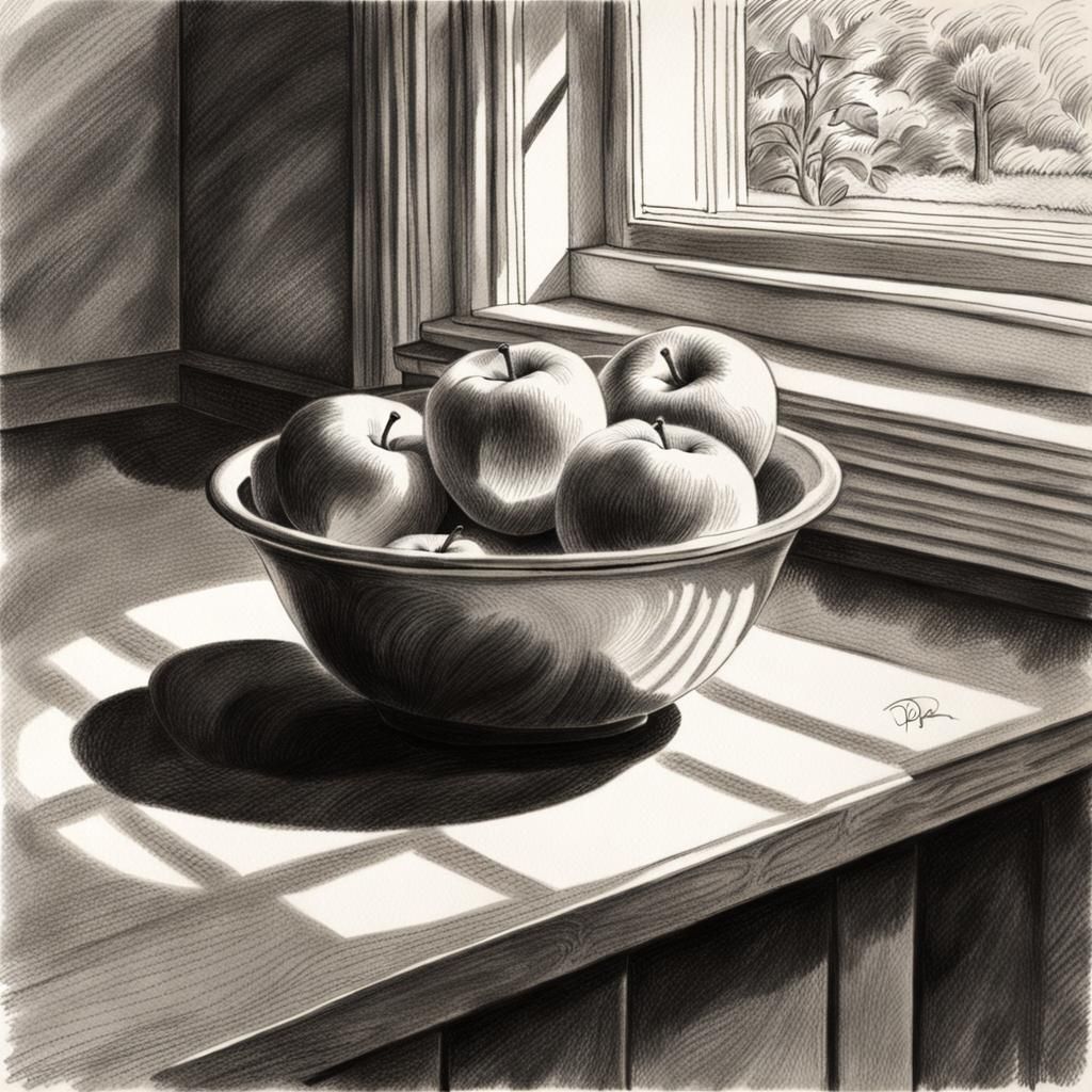 a bowl of apples in a kitchen with dappled light