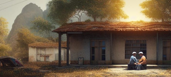 Old Couple in Abandoned Village, Matte Painting