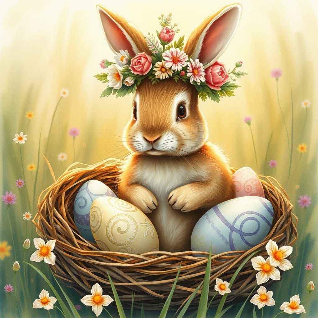 Whimsical Easter Bunny in a Floral Crown