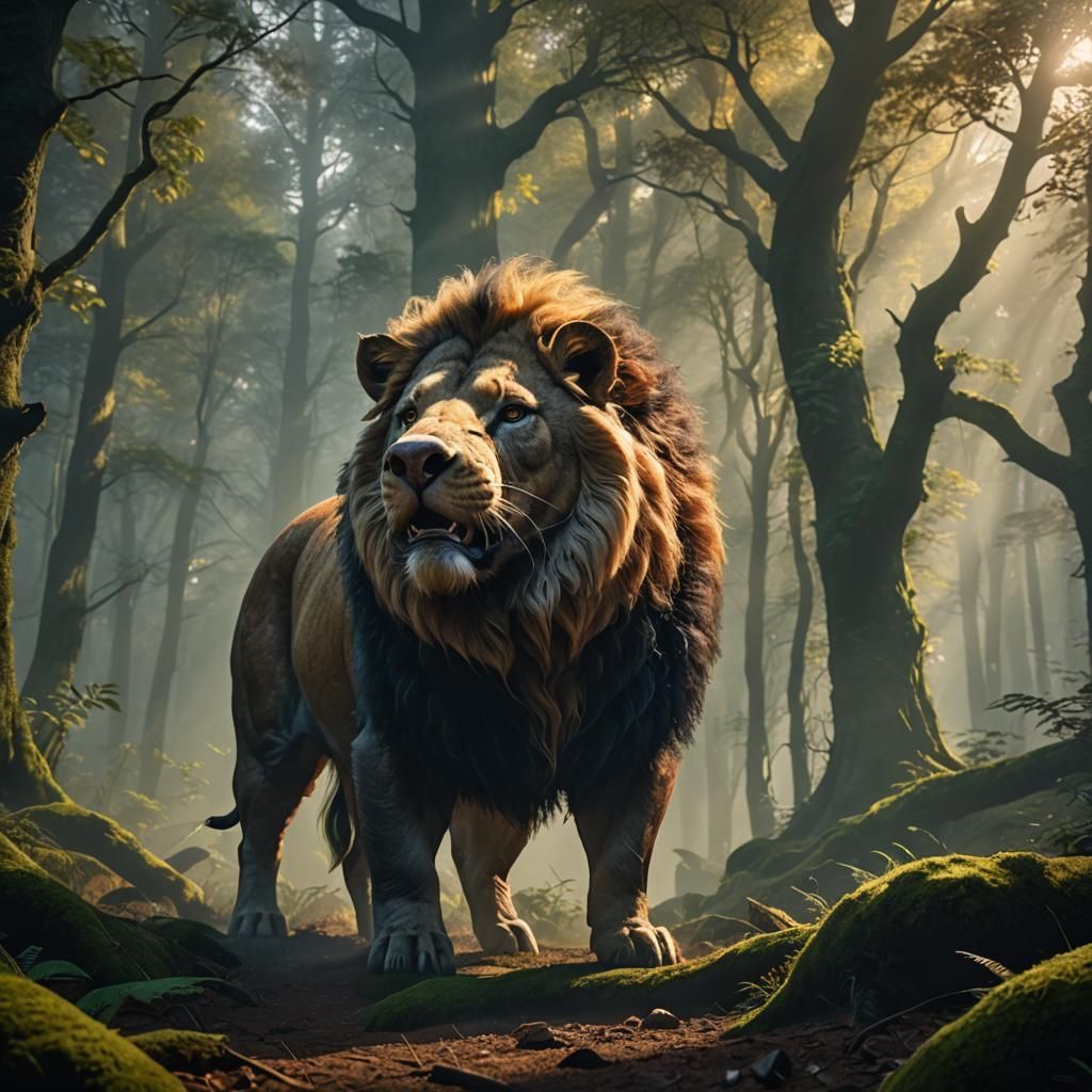 Pig-Lion Creature in Misty Forest: Fantasy Concept Art