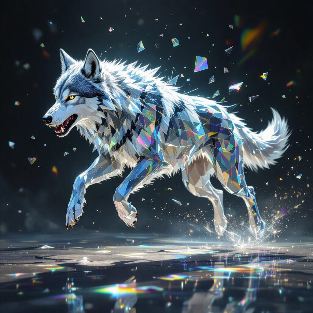 Glass Wolf Painting: Fractured Light and Power