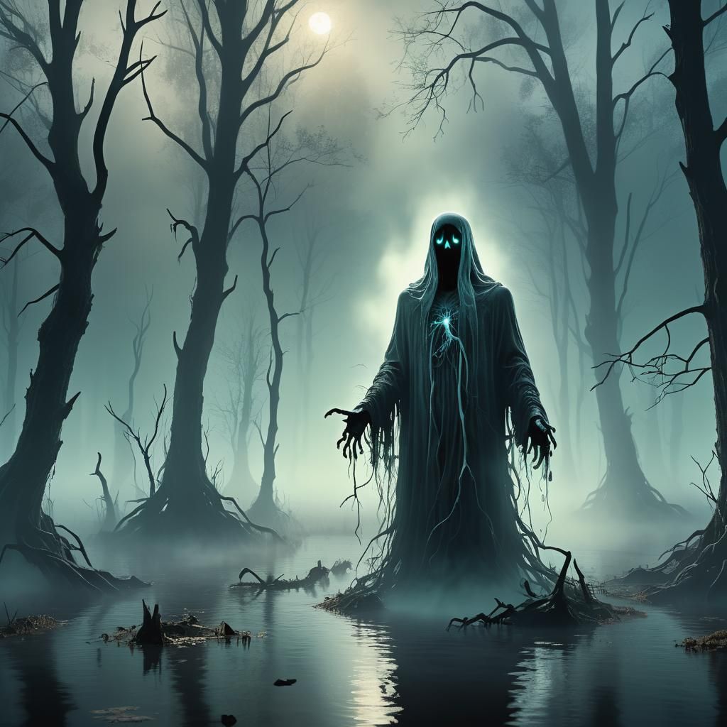 Eerie Ghostly Spirit in Mist-Filled Swamp