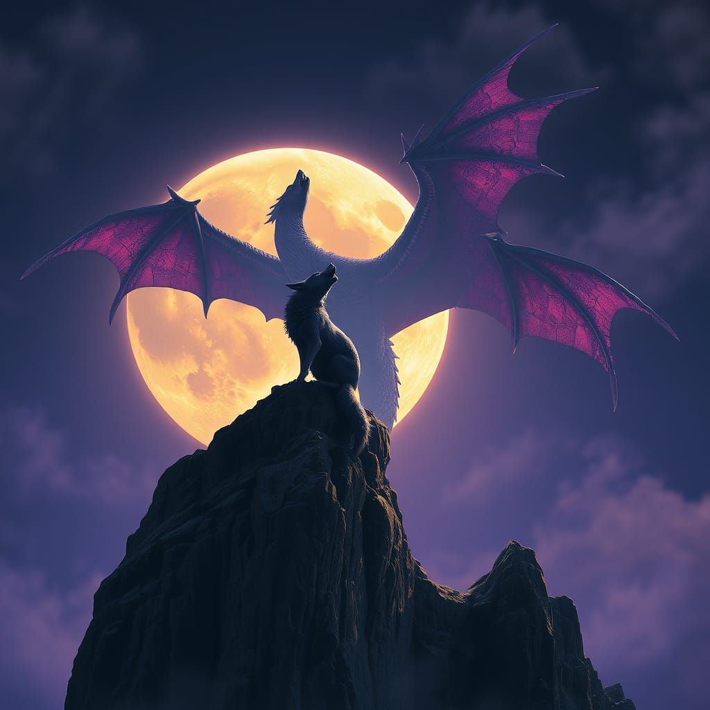Wolf and Dragon Confrontation Under the Full Moon