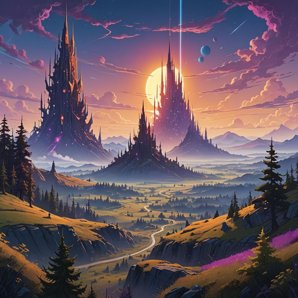 Epic Fantasy World with Spires and Forests