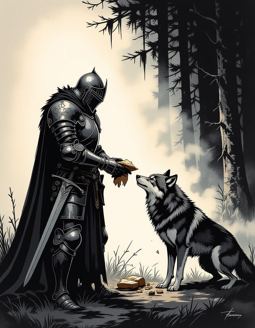 Knight Shares Food with Wolf in Dark Fantasy Style