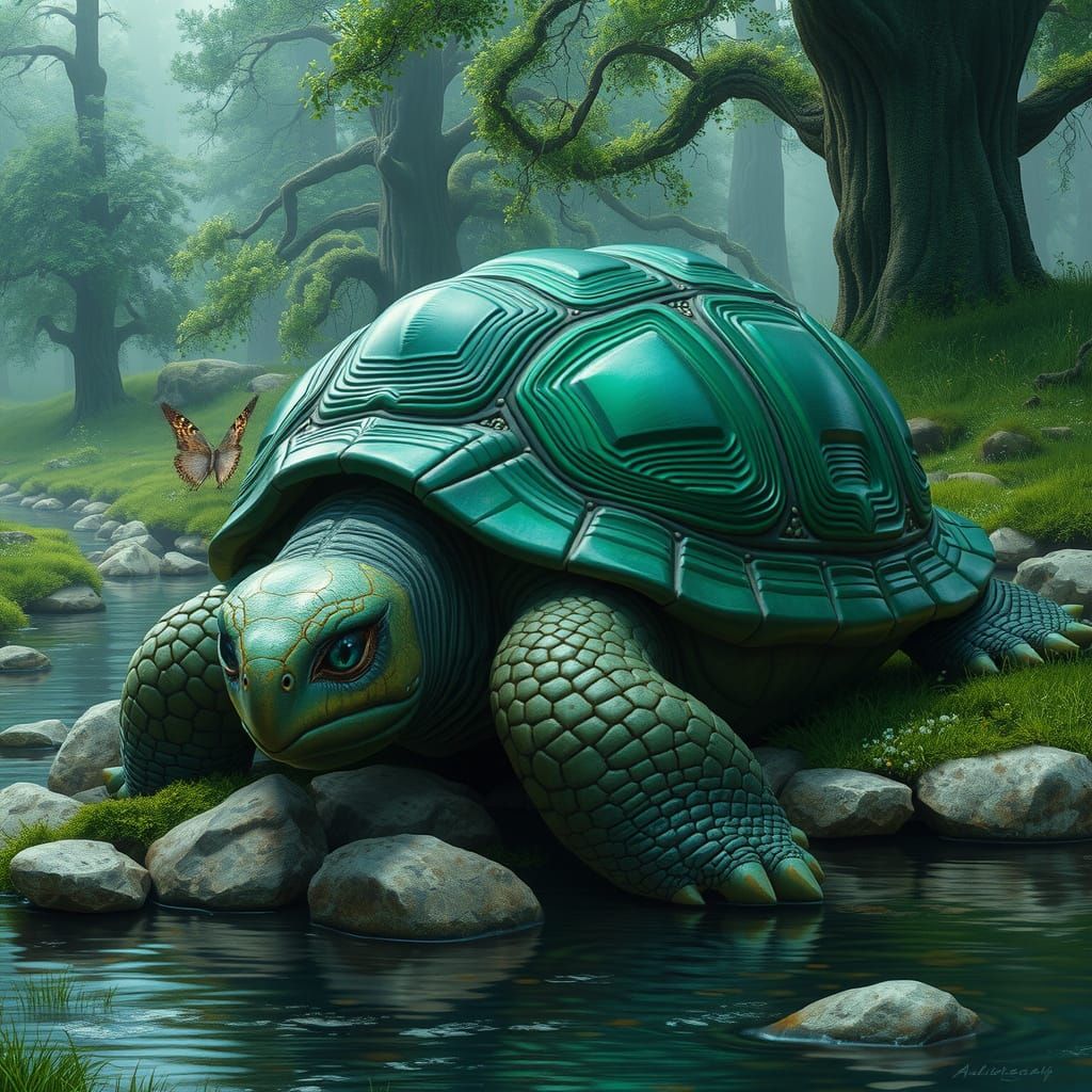 Ancient Green Turtle Sits Majestically on Riverbank