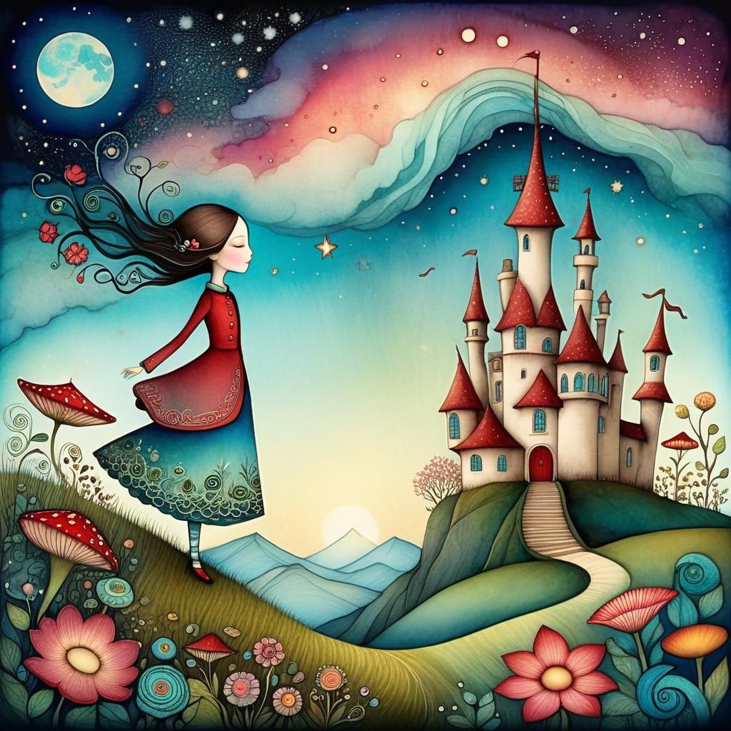 Magical Castle: Surreal Ink and Watercolor Illustration