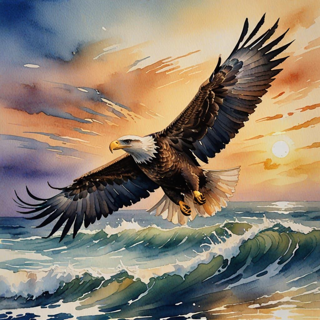 Watercolor Eagle in Flight Over Ocean