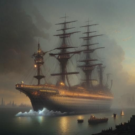 Steampunk Flying City Ship Digital Illustration
