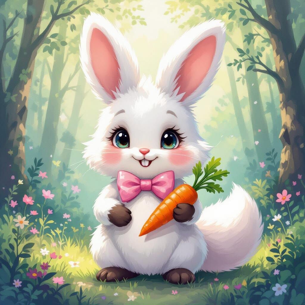 Anthropomorphic Fox-Bunny in Whimsical Forest, Watercolor St...