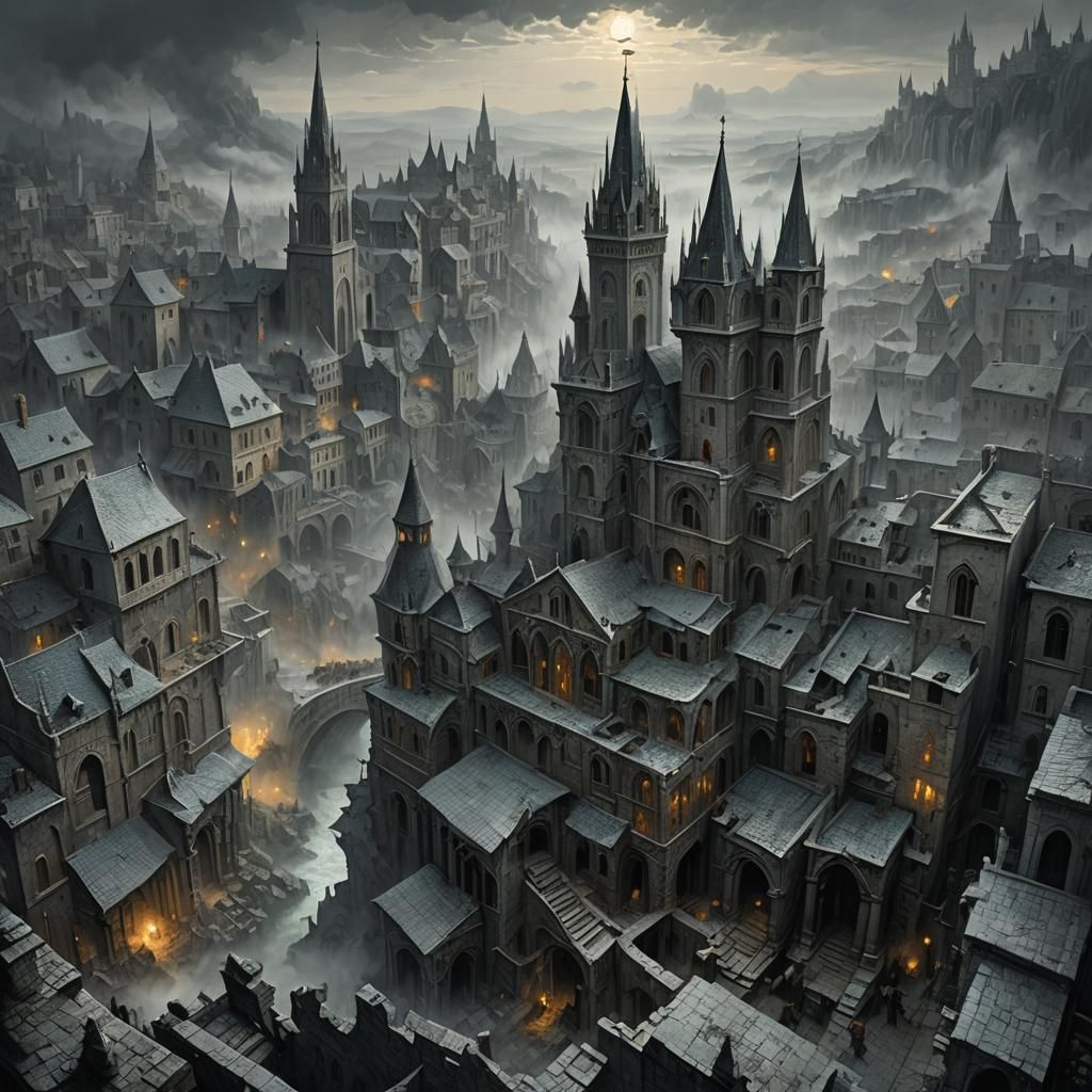 Marble Medieval City in Fog: Dark Fantasy Ambiance