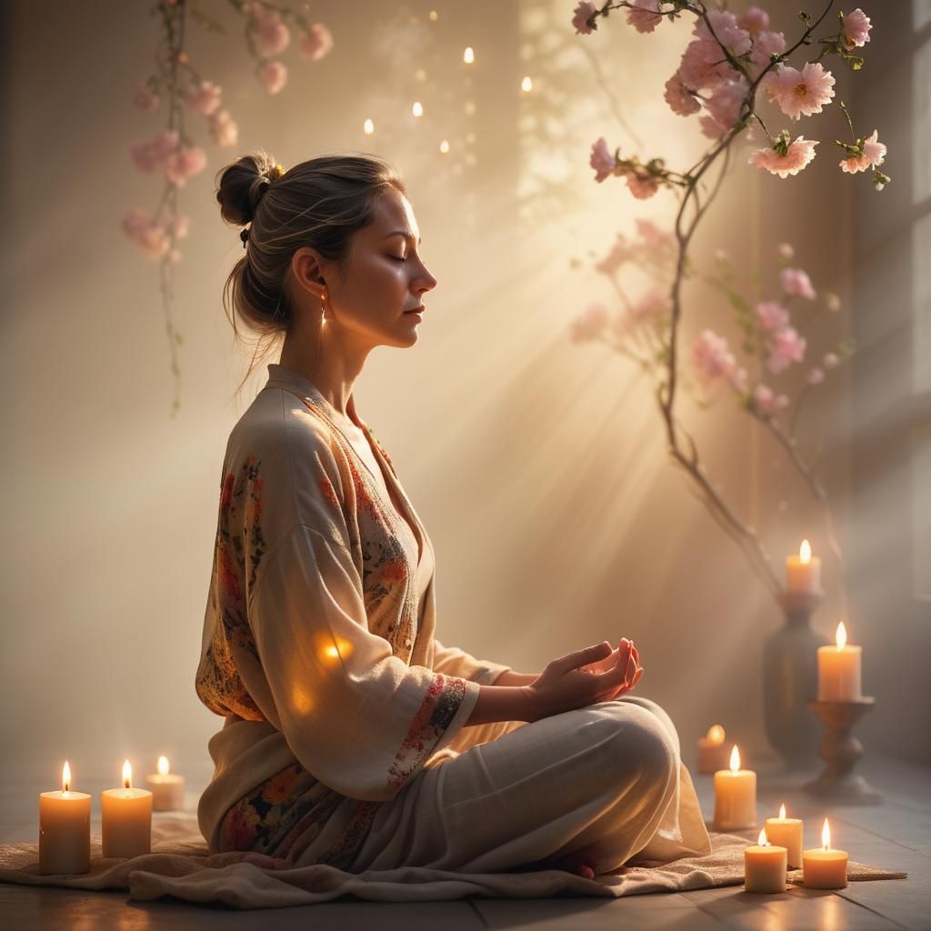 Meditative Woman in Golden Light: Digital Portrait