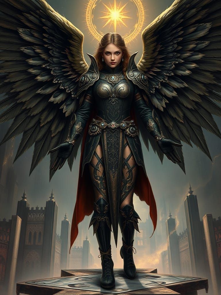 Winged Warrior Goddess in Dark Fantasy Cityscape