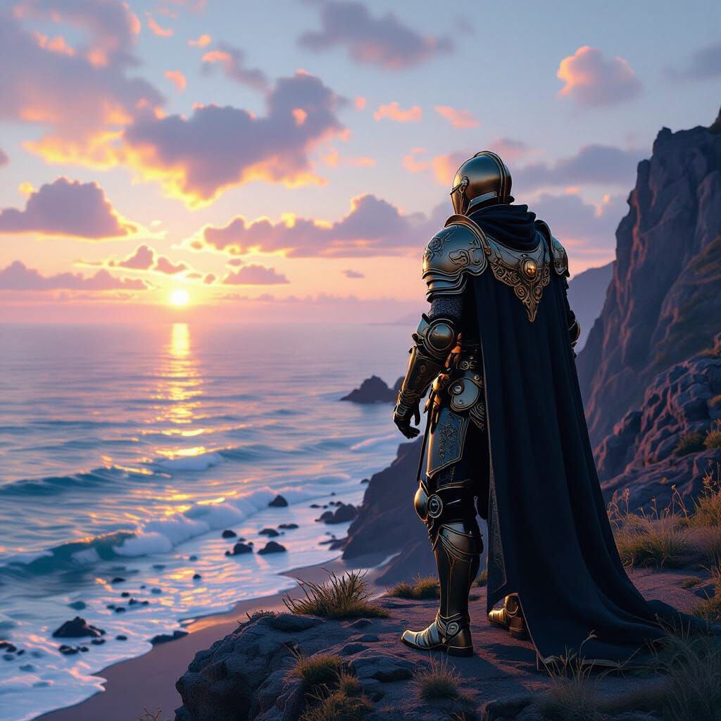Steampunk Knight at Dawn Over Serene Ocean
