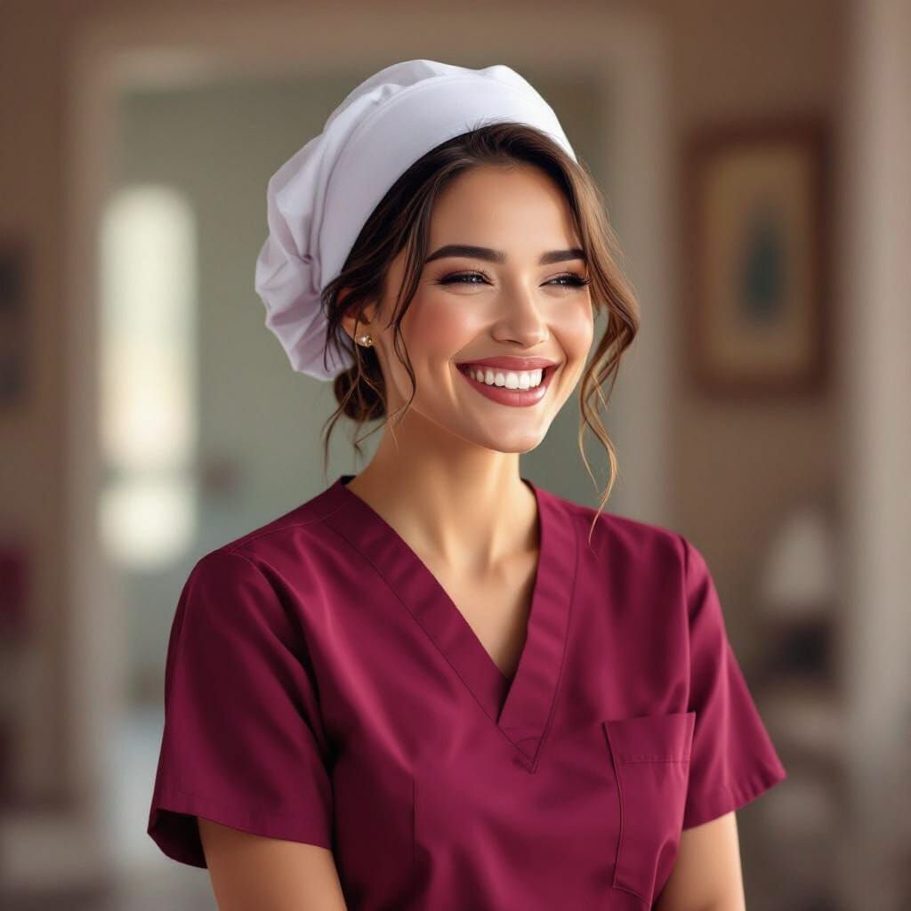 Joyful Nurse Laughing in Warm, Romantic Style