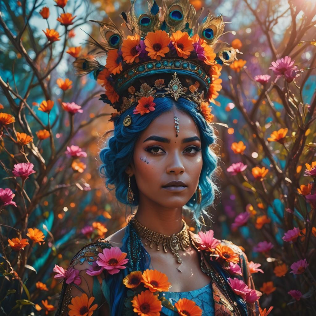 Woman with Peacock Feathers in LaChapelle Style