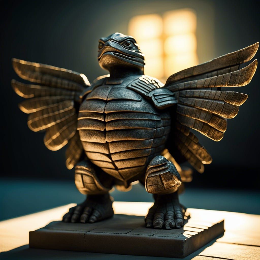 Winged Ninja Turtle Sculpture in Sumerian Style
