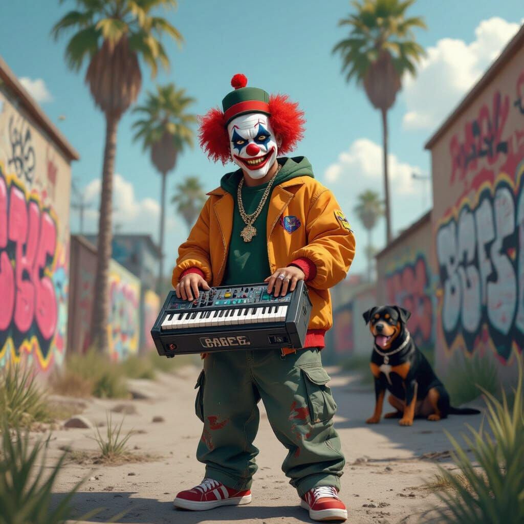 Gangster Clown Beat Maker with Rottweiler and Graffiti