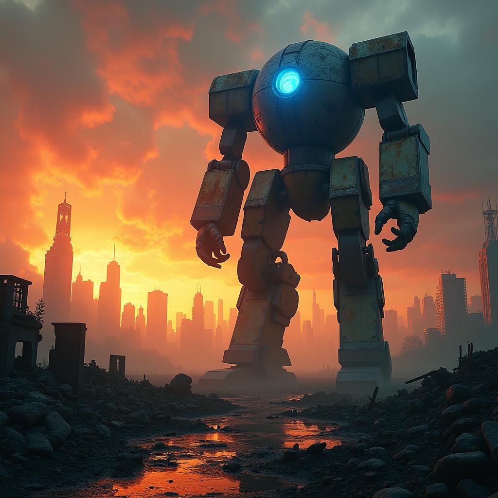 Dystopian Robot Metropolis in Smoldering Dusk