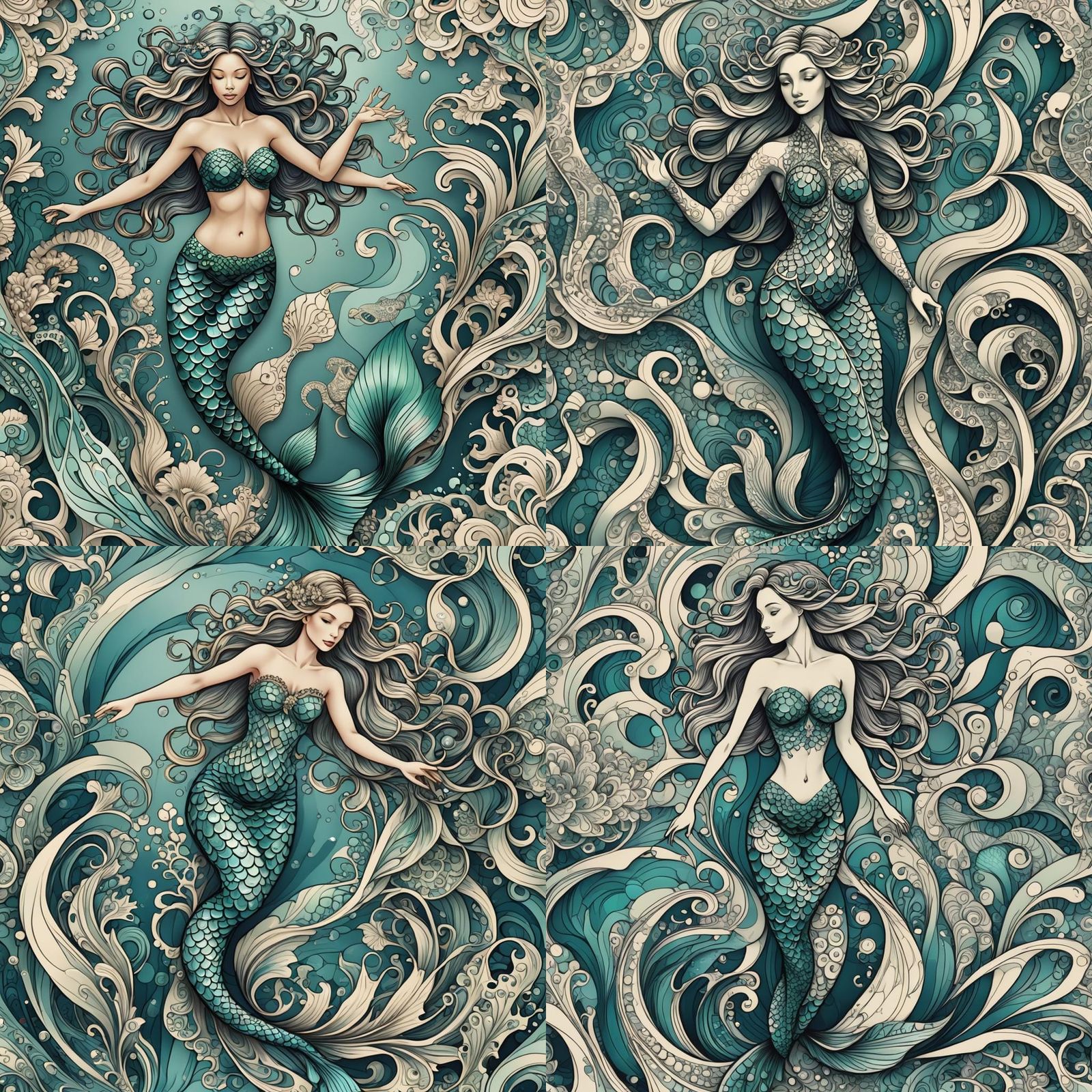 Swimming Mermaid with Abstract Fractal Design