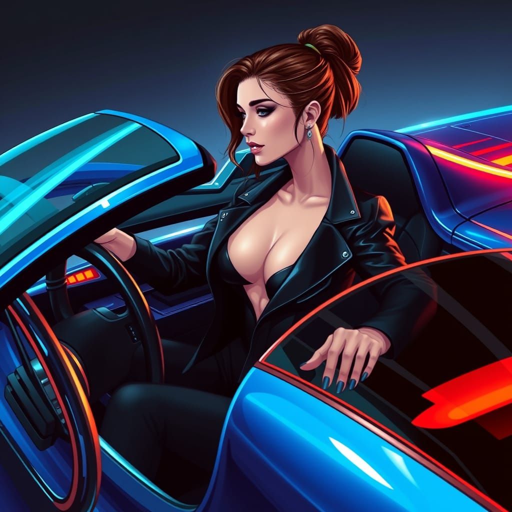 Woman Driving Futuristic Coupe in Neon Style