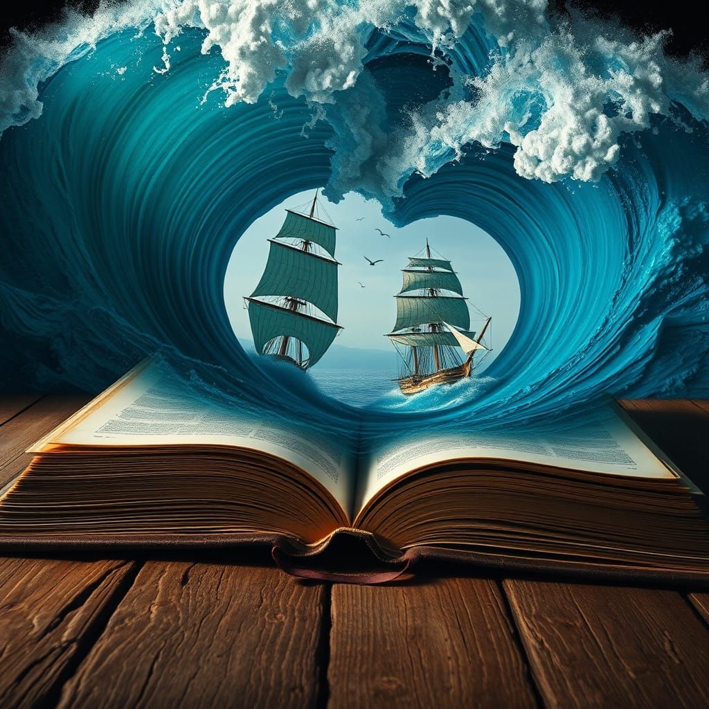 Majestic Ship Emerges from Book in Surreal Artwork