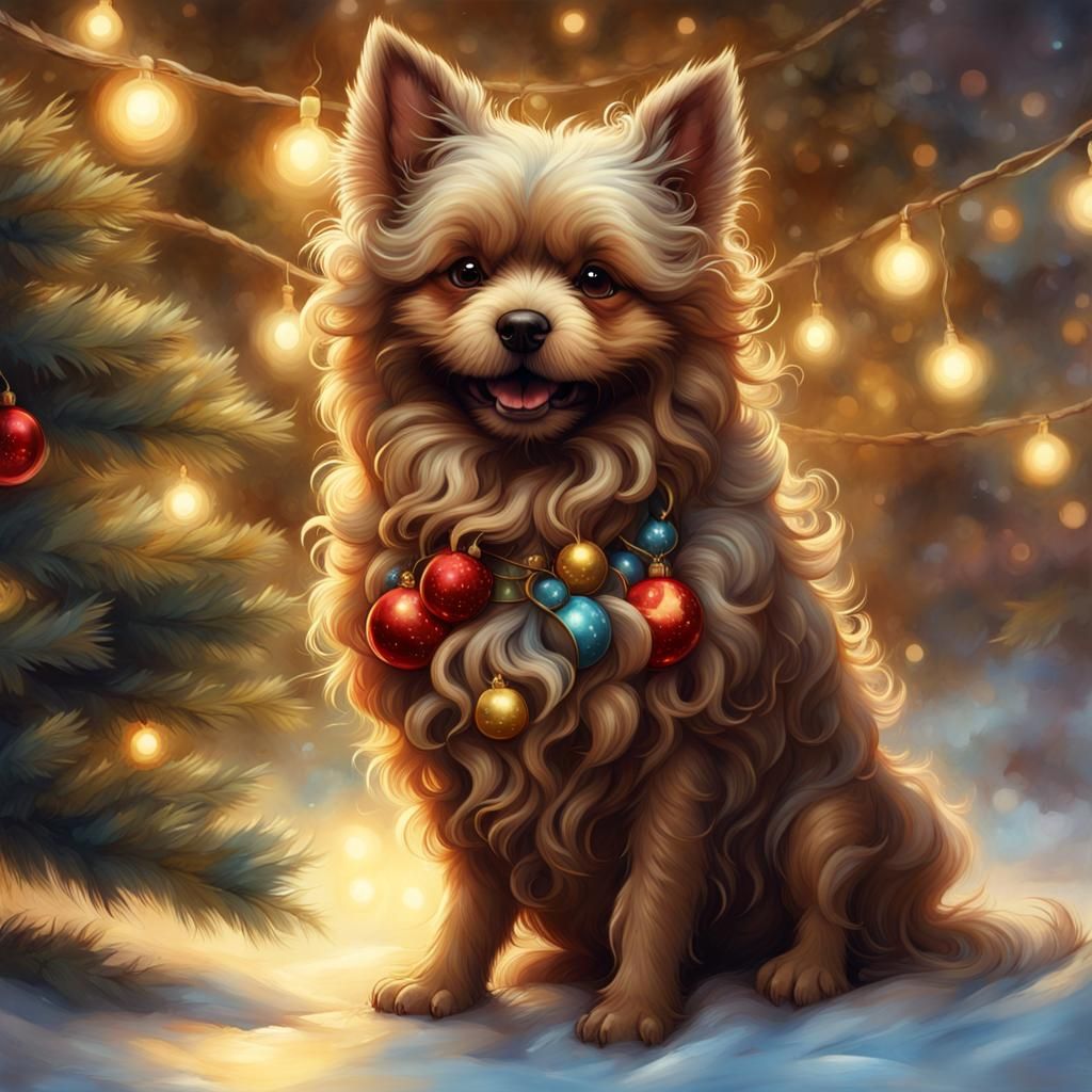 Christmas Fluffy Dog in Jean-Baptiste Monge Style